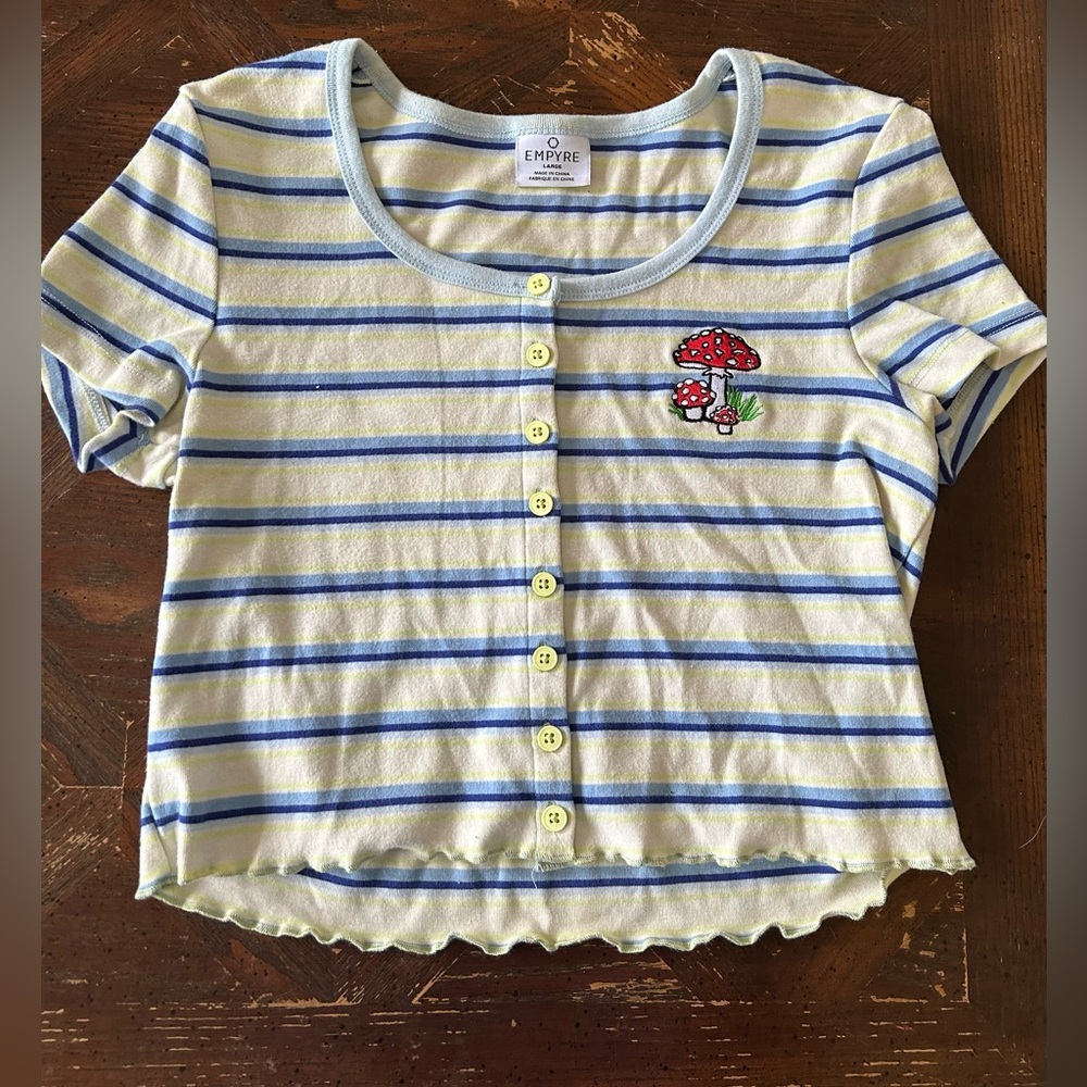 Empyre Mushroom Embroided Striped Cropped Button Down Top